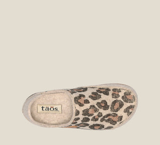 Load image into Gallery viewer, &quot;Top image of Convertawool Stone Leopard Wool Wool slip on with back, wool lined, featuring a removable footbed &amp; TR outsole&quot;
