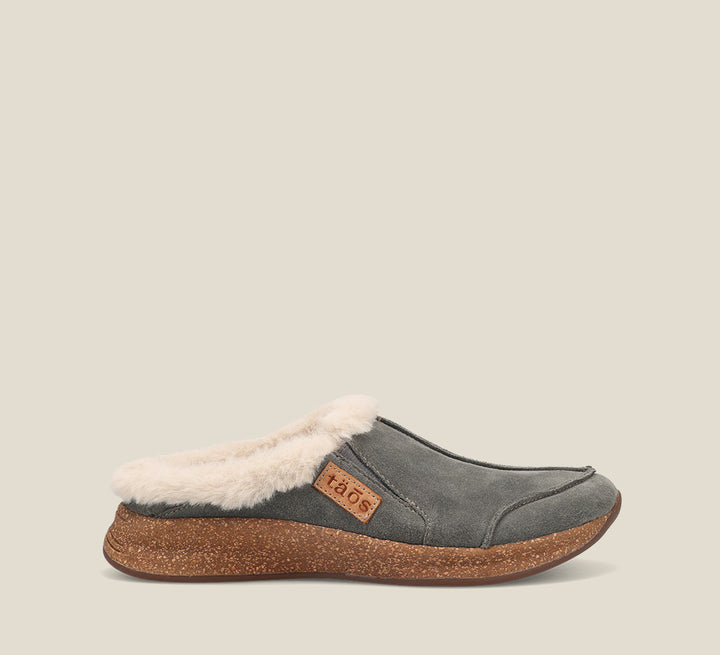 Outside Angle of Future Dark Grey Suede Water resistant suede slip on clog with faux fur lining, a removable footbed, &rubber outsole 6