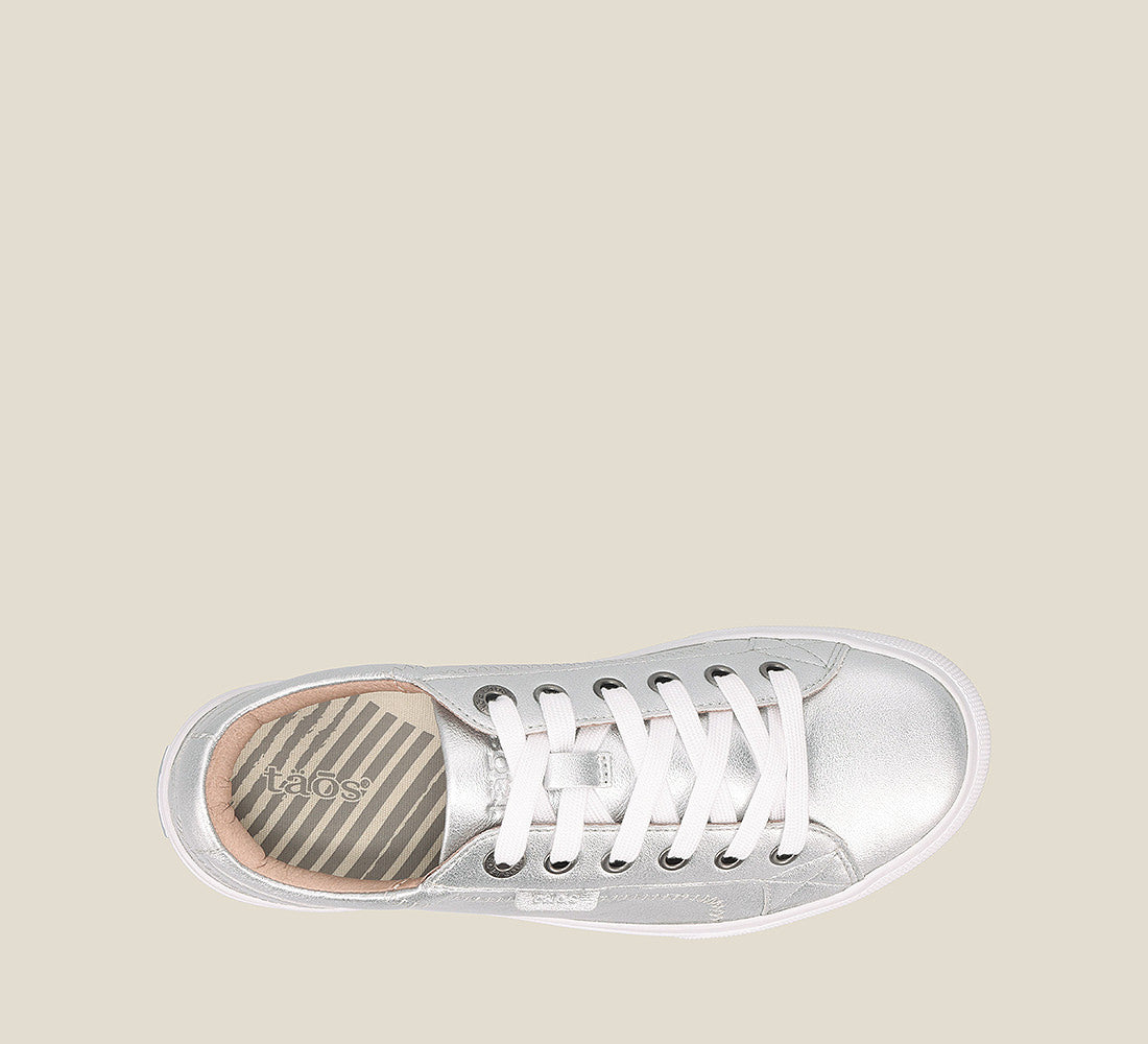 Top down image of Taos Footwear Plim Soul Lux Silver Size 10
