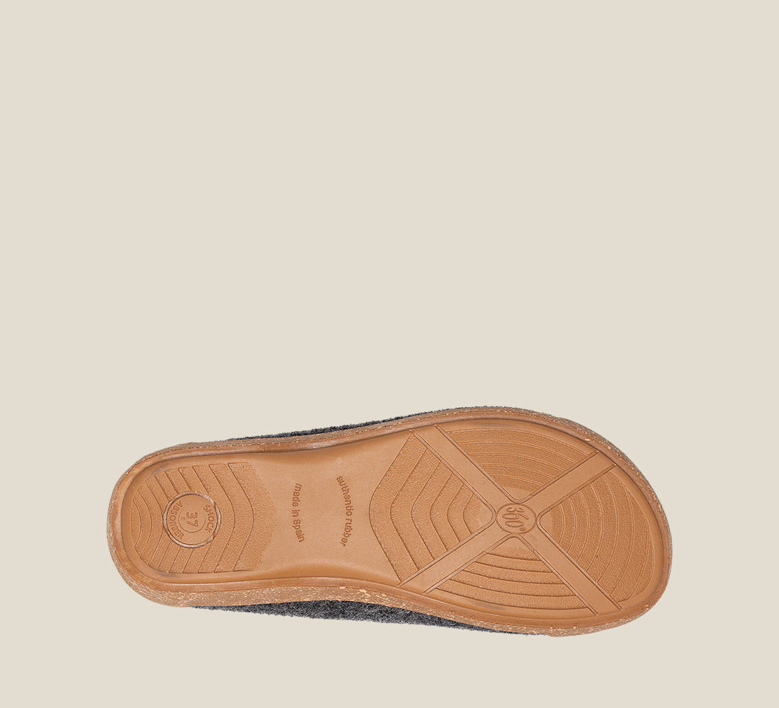 Outsole Angle of Woollery Charcoal Two-tone wool slip on clog with cork detail, a footbed, & rubber outsole 36