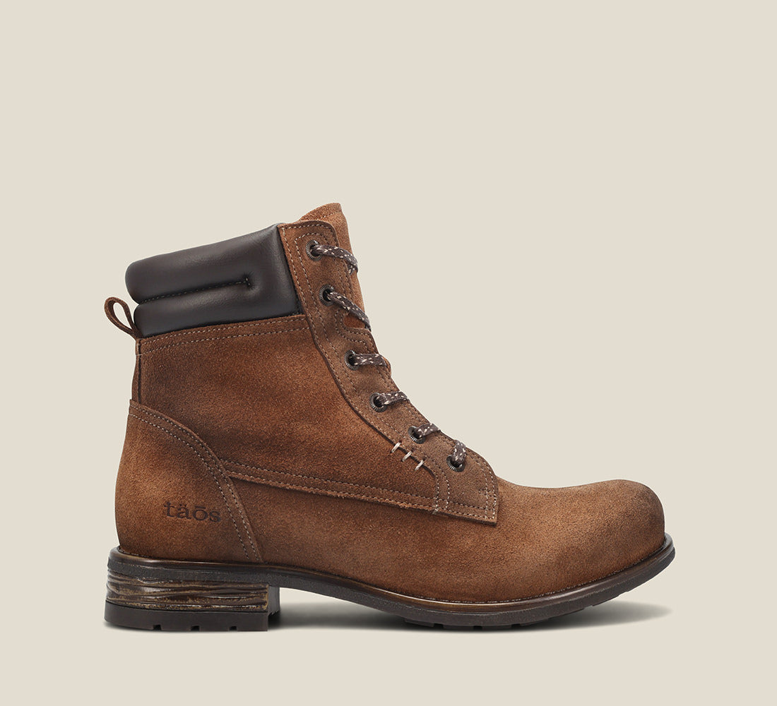 Instep image of Cove brown suede lace up boot with wool padded collars detailed stitching and and premium TR outsole