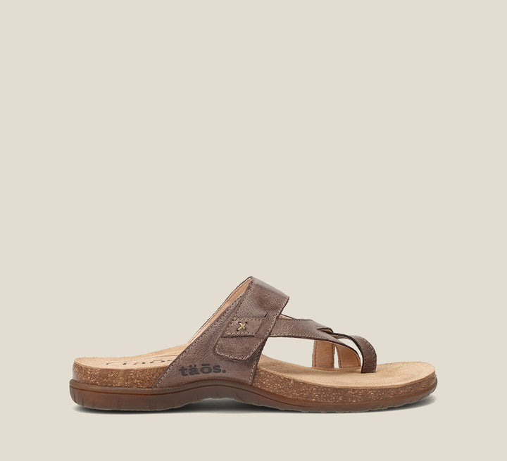 Side Angle of Perfect Espresso Slide sandal on our cork footbed featuring an adjustable strap and rubber outsole