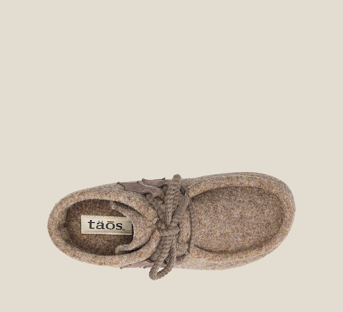 "Top image of Woolabee Warm Sand clog with featuring a removable footbed with arch & metatarsal support, & TR outsole."