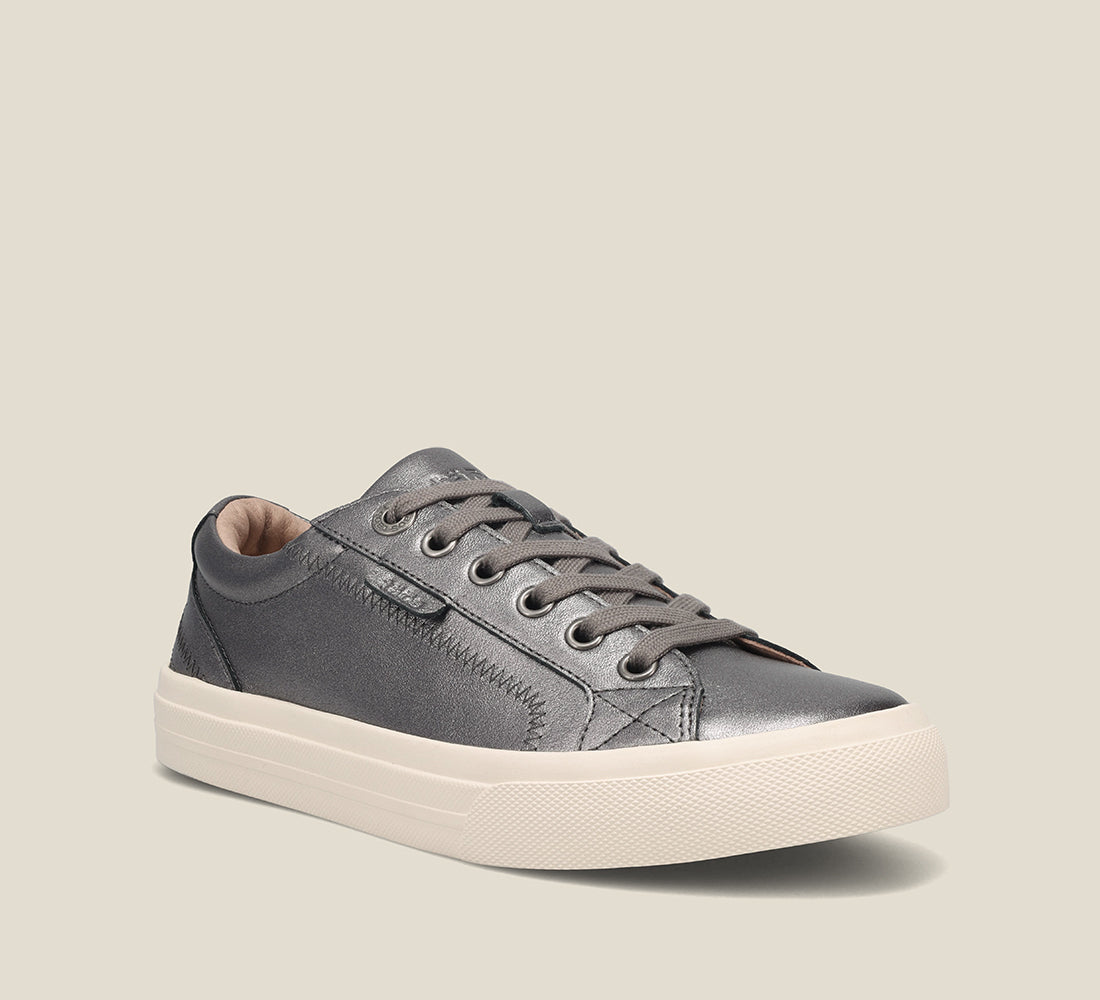 Hero image of Plim Soul Lux Pewter Leather leather sneaker featuring a polyurethane removable footbed with rubber outsole 6
