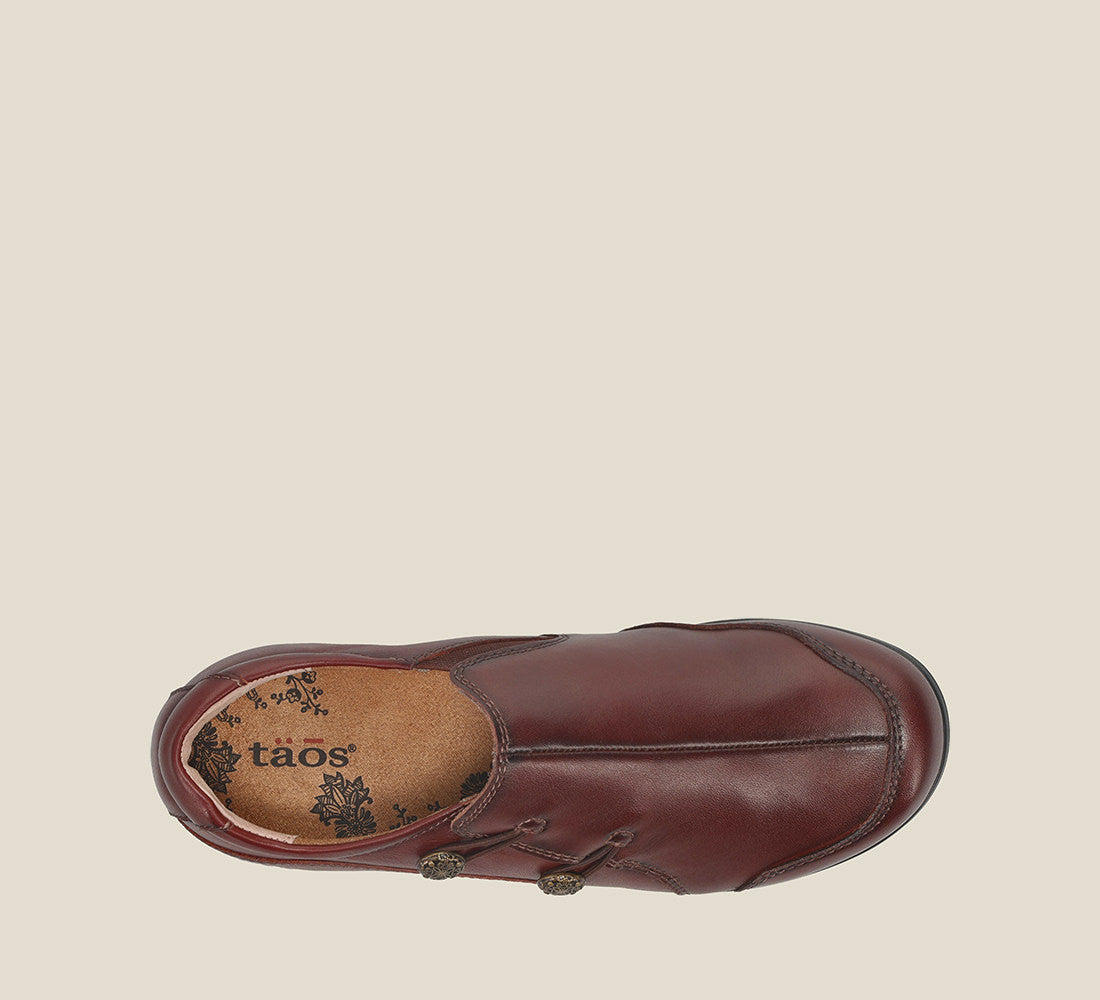 Top down image of Blend Whiskey Casual leather step-in shoe with medial gore & bungie closures & a removable footbed.