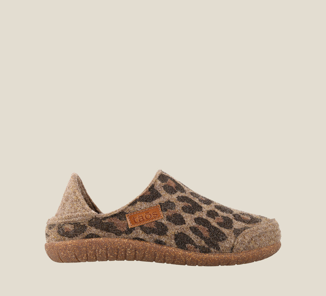 "Outside Angle of Convertawool Tan Leopard Wool Wool slip on with back, wool lined, featuring a removable footbed & TR outsole - size 36"