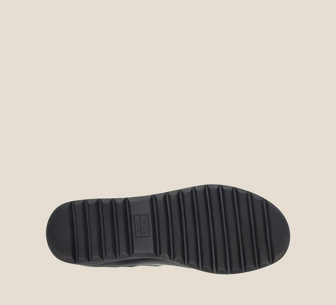 Outsole Angle of Blend Black Casual leather step-in shoe with medial gore & bungie closures & a removable footbed.