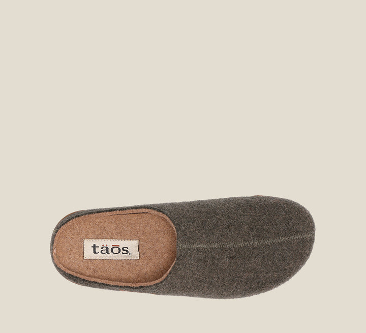 Top down Angle of Woollery Olive Two-tone wool slip on clog with cork detail, a footbed, & rubber outsole 36