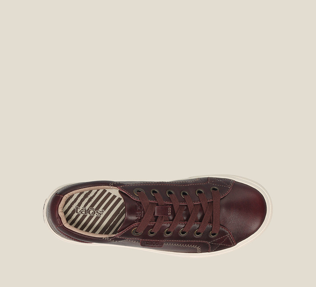 Top down Angle of Plim Soul Lux Merlot leather sneaker featuring a polyurethane removable footbed with rubber outsole