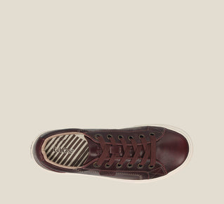 Load image into Gallery viewer, Top down Angle of Plim Soul Lux Merlot leather sneaker featuring a polyurethane removable footbed with rubber outsole
