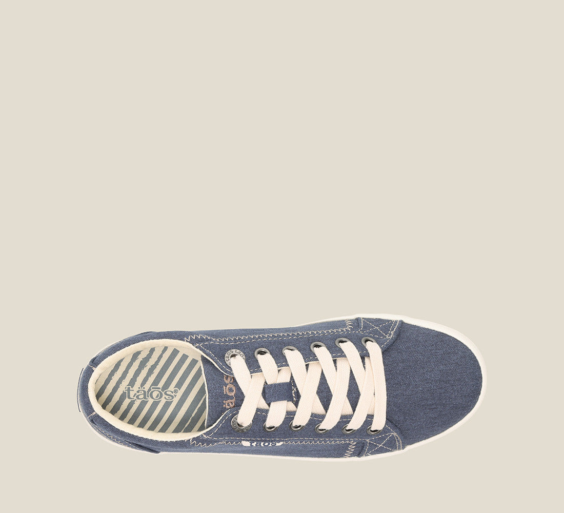 Top down Angle of Star Blue Wash Canvas Canvas sneaker with laces,polyurethane removable footbed with rubber outsole 5