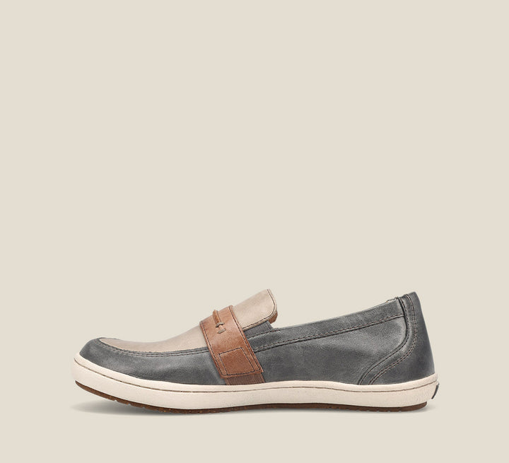 Instep of Upward Steel/Taupe Multi Leather slip on casual with a polyurethane removable footbed with, rubber outsole 6