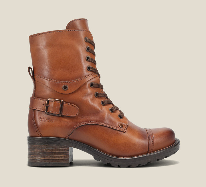 Instep image of Crave Camel Leather &  boot with buckle & an inside zipper lace-up adjustability