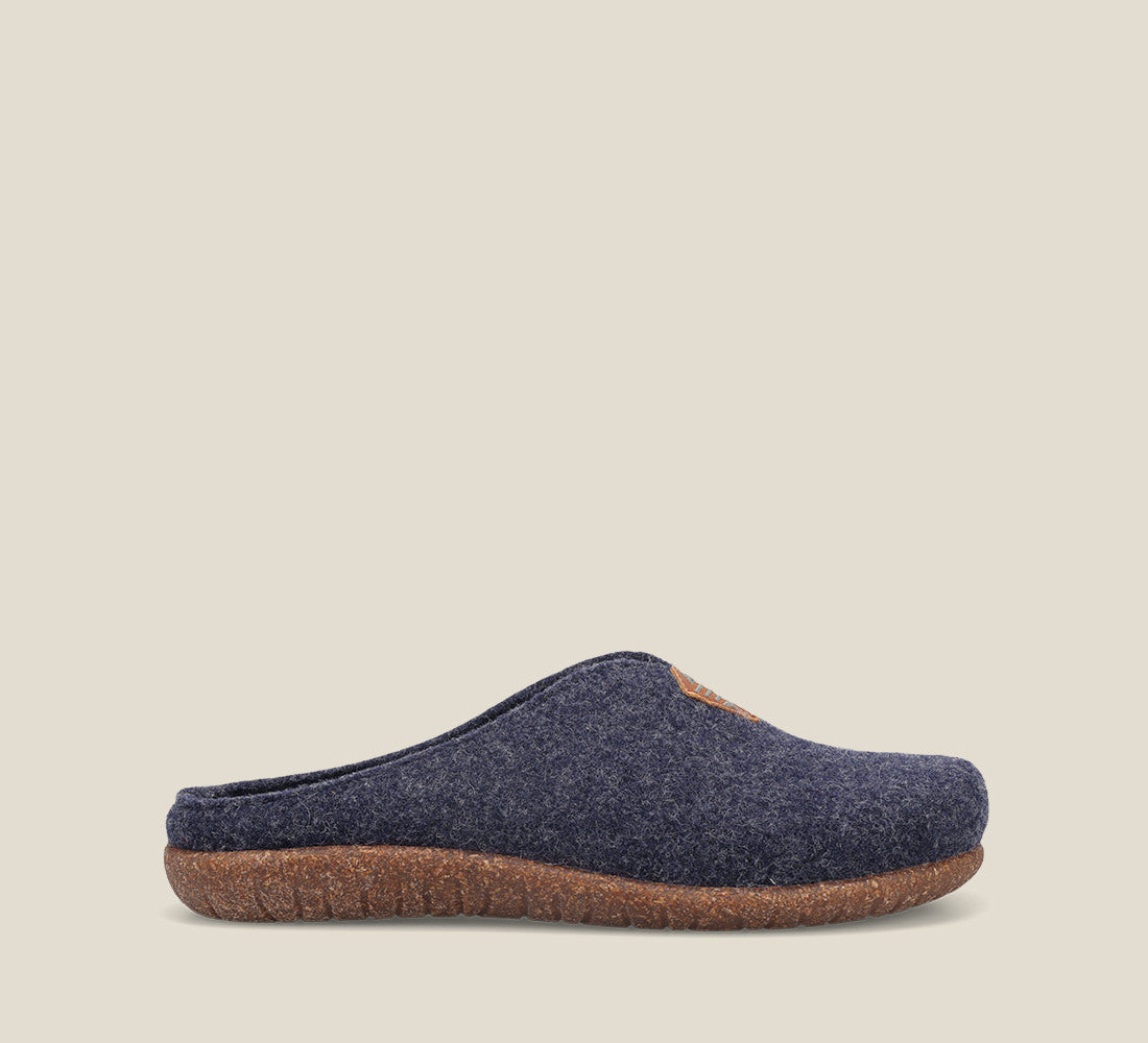 Outside Angle of My Sweet Wool Navy Wool clog with featuring a removable footbed with arch & metatarsal support, & TR outsole 36