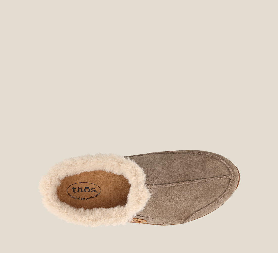 Top down Angle of Future Dark Taupe Suede Water resistant suede slip on clog with faux fur lining, a removable footbed, &rubber outsole 6