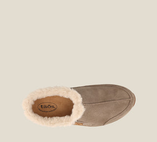 Load image into Gallery viewer, Top down Angle of Future Dark Taupe Suede Water resistant suede slip on clog with faux fur lining, a removable footbed, &amp;rubber outsole 6
