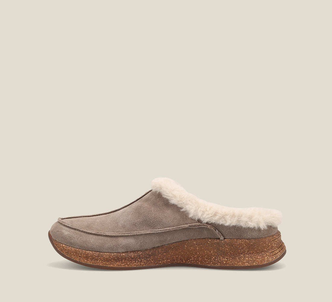 Outside Angle of Future Dark Taupe Suede Water resistant suede slip on clog with faux fur lining, a removable footbed, &rubber outsole 6