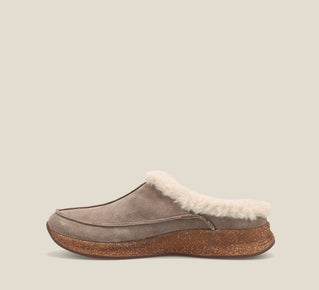 Load image into Gallery viewer, Outside Angle of Future Dark Taupe Suede Water resistant suede slip on clog with faux fur lining, a removable footbed, &amp;rubber outsole 6
