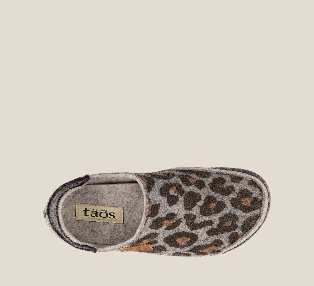 "Top down Angle of Convertawool Charcoal Leopard Wool Wool slip on with back, wool lined, featuring a removable footbed & TR outsole - size 36"