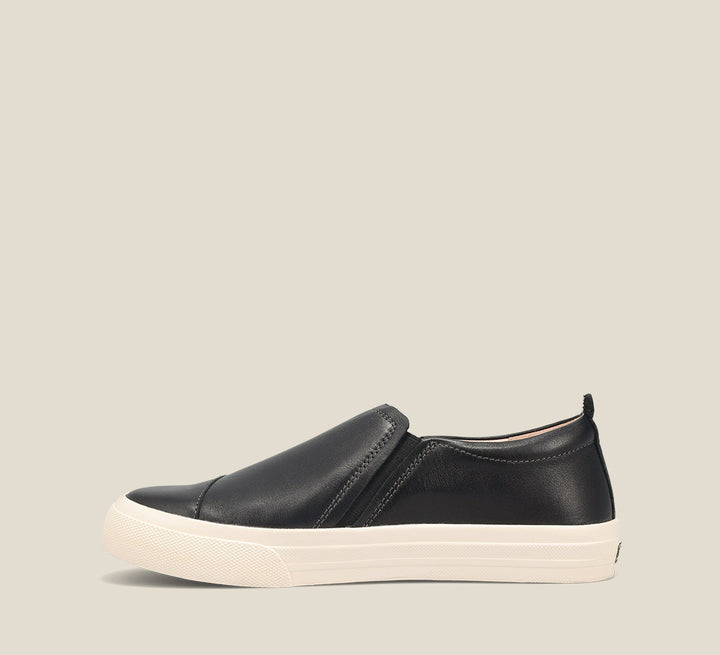 Instep of Twin Gore Lux Black Leather double gore slip on featuring our curves & pods removable footbed &rubber outsole 6