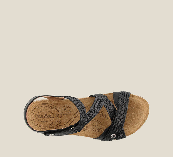 Top down angle of Trulie Black Casual leather sandal with woven hook and loop straps lightweight cork- footbed lined in suede and lightweight Rubberlon outsole. - size 36