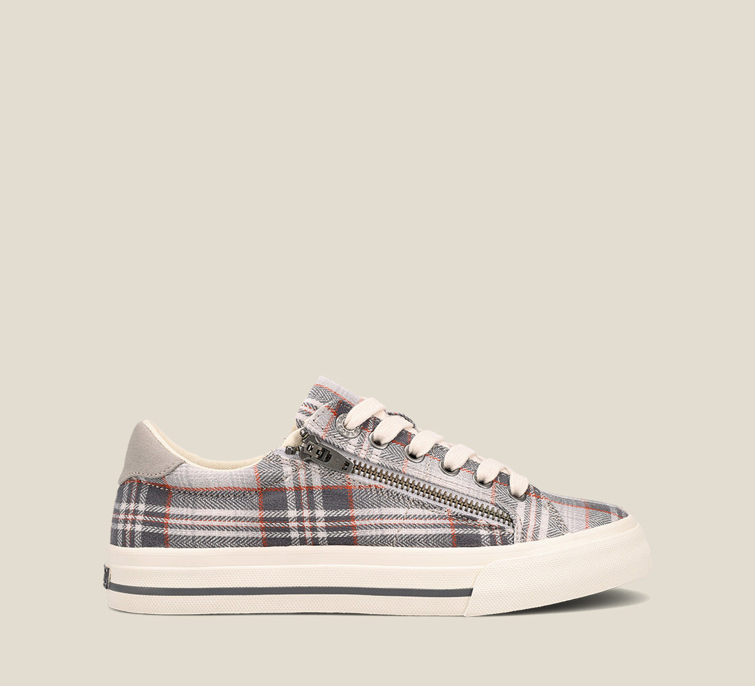 "Side image of Z Soul Grey Plaid Canvas lace up sneaker featuring an outside zipper, Curves & PodsÂ® polyurethane removable footbed with Soft Supportâ„¢, and durable, flexible rubber outsole."
