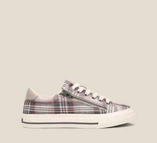 Load image into Gallery viewer, &quot;Side image of Z Soul Grey Plaid Canvas lace up sneaker featuring an outside zipper, Curves &amp; PodsÂ® polyurethane removable footbed with Soft Supportâ„¢, and durable, flexible rubber outsole.&quot;
