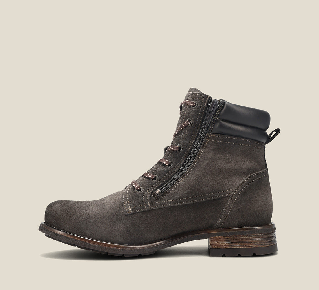 Outsole image of Cove charcoal suede lace up boot with wool padded collars detailed stitching and and premium TR outsole