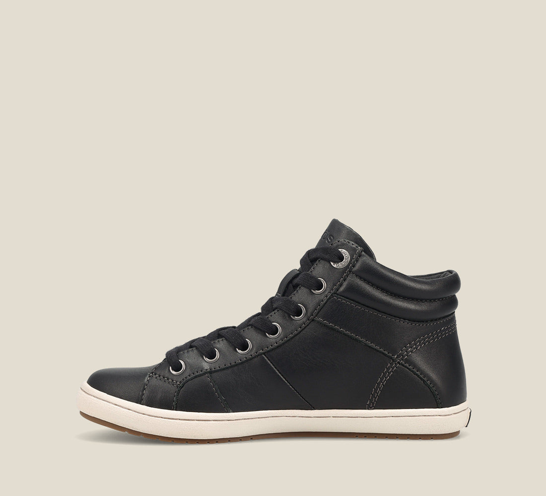 Instep of Union Black Leather high top sneaker featuring a padded collar, lace up adjustability & outside zipper built with a polyurethane removable footbed with, rubber outsole 6
