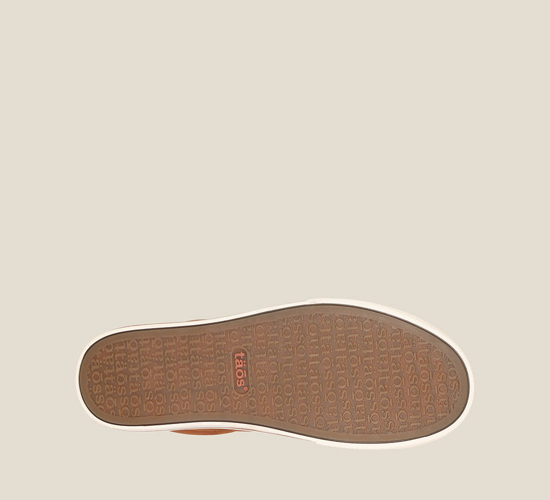 Outsole image of Z Soul Amber Brown Nubuck canvas lace up sneaker featuring an outside curves & pods removable footbed & rubber outsole