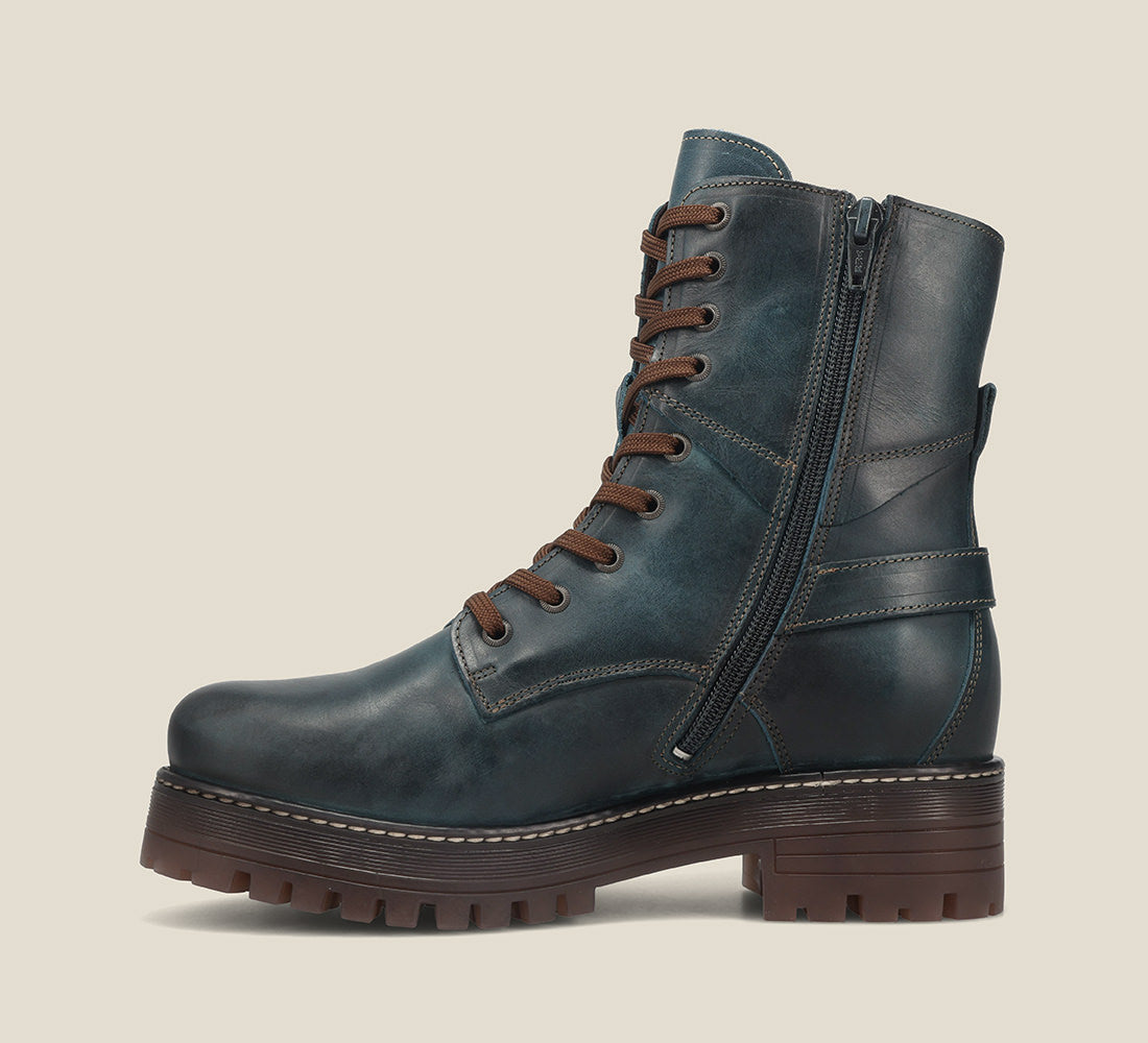 Outsole Angle of Gusto Teal lace up combat boot with removable footbed and rubbe outsole