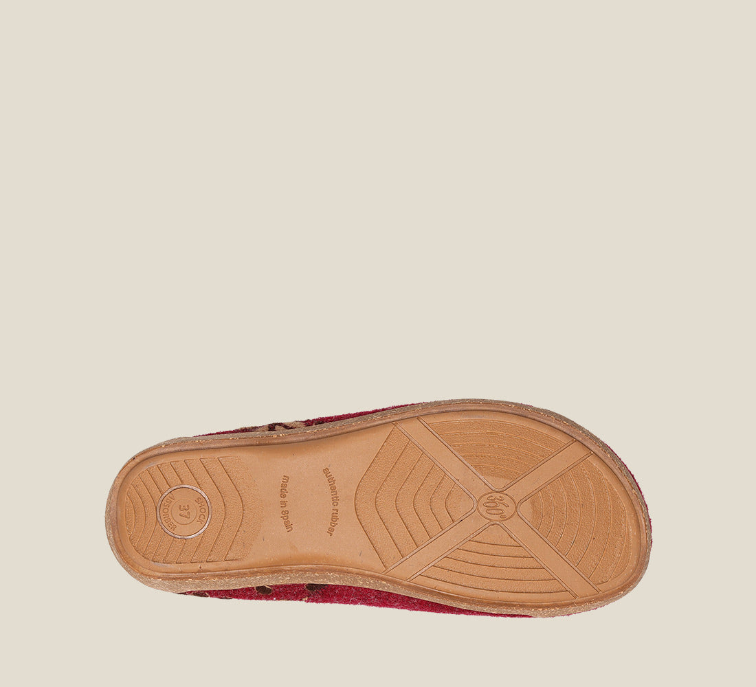 Outsole Angle of Woolderness 2 Cranberry Spanish Clogs with , V-gore at the topline for adjustibility, faux fur lining,removable footbed, &rubber outsole 36