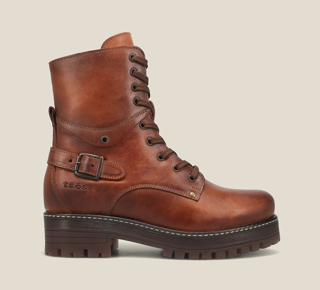 Instep Angle of Gusto Cognac lace up combat boot with removable footbed and rubbe outsole