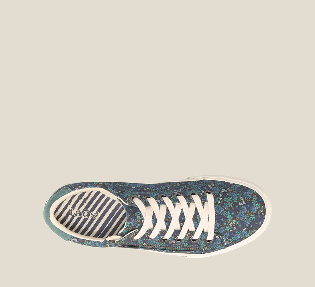 Top down Angle of Z Soul Teal Floral Multi Canvas lace up sneaker featuring an Top down zipper,polyurethane removable footbed with rubber outsole 6