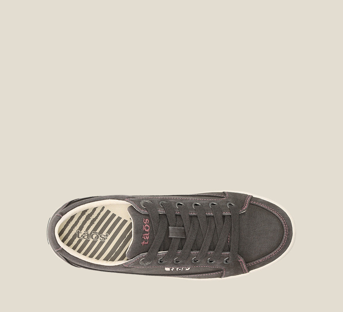 "Top image of Moc Star 2 Graphite Distressed Canvas sneaker with laces, Curves & PodsÂ® polyurethane removable footbed with Soft Supportâ„¢, and durable, flexible rubber outsole."