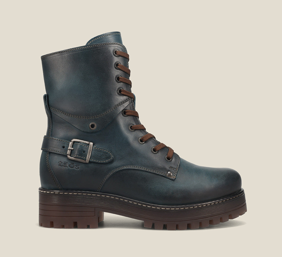 Instep Angle of Gusto Teal lace up combat boot with removable footbed and rubbe outsole