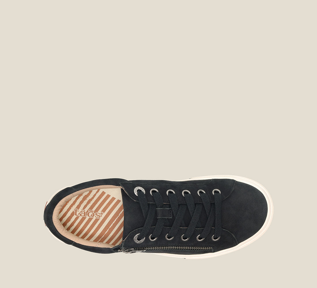 Top down image of Z Soul Black canvas lace up sneaker featuring an outside curves & pods removable footbed & rubber outsole