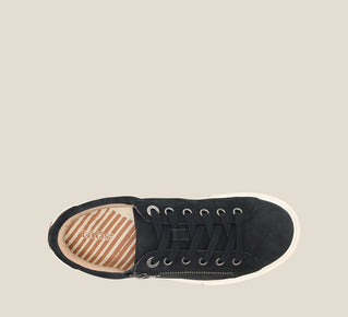 Load image into Gallery viewer, Top down image of Z Soul Black canvas lace up sneaker featuring an outside curves &amp; pods removable footbed &amp; rubber outsole
