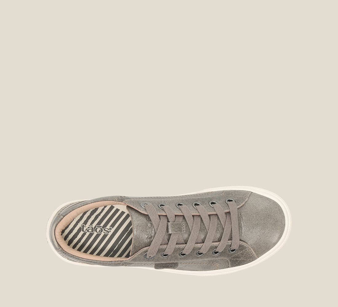 Top down Angle of Plim Soul Lux Olive Fatigue leather sneaker featuring a polyurethane removable footbed with rubber outsole