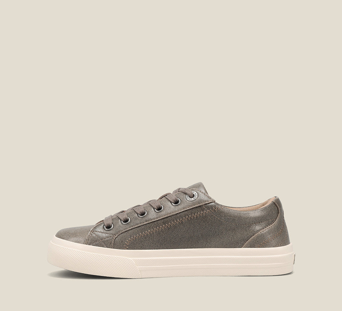 Outside Angle of Plim Soul Lux Olive Fatigue leather sneaker featuring a polyurethane removable footbed with rubber outsole