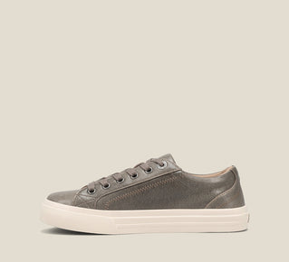 Load image into Gallery viewer, Outside Angle of Plim Soul Lux Olive Fatigue leather sneaker featuring a polyurethane removable footbed with rubber outsole
