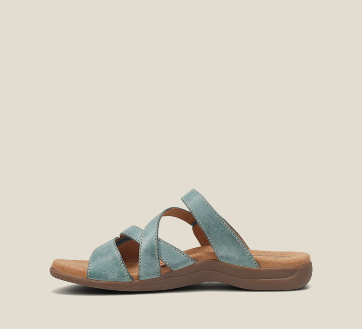 Side Angle of Big Time Teal leather adjustable sandal with microfiber footbed and rubber outsole