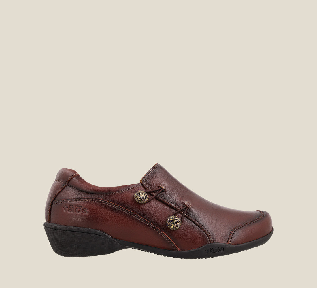 Outside Angle of Encore Whiskey Casual leather step-in shoe with medial gore & bungie closures & a removable footbed. 6