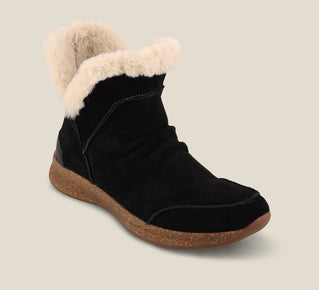 Load image into Gallery viewer, Hero image of Future Mid Black Suede Water resistant suede pull on short bootie with faux fur lining, a removable footbed, &amp;rubber outsole 6
