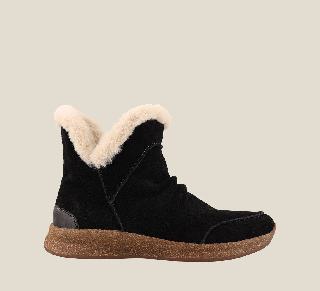 Outside Angle of Future Mid Black Suede Water resistant suede pull on short bootie with faux fur lining, a removable footbed, &rubber outsole 6