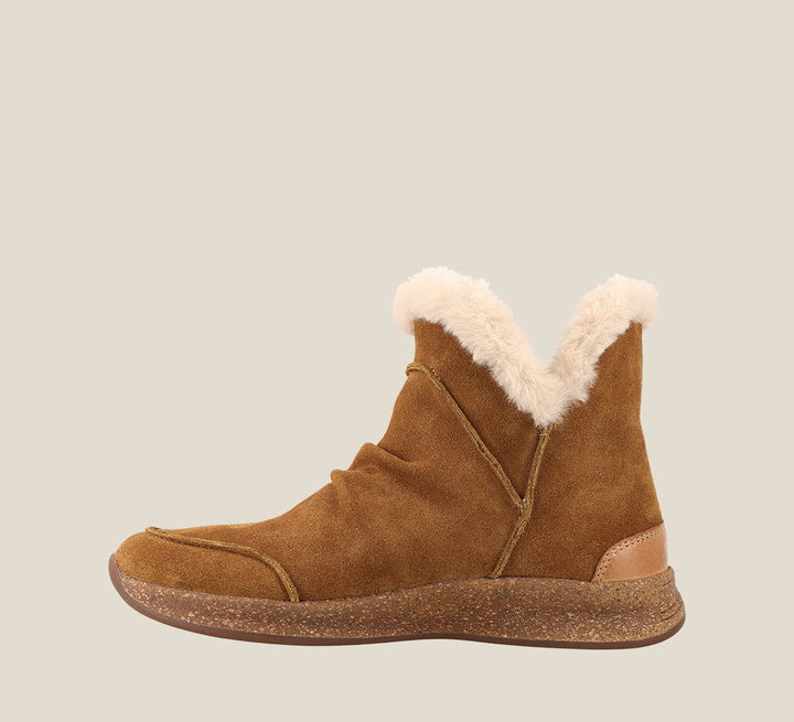 Instep of Future Mid Chestnut Suede Water resistant suede pull on short bootie with faux fur lining, a removable footbed, &rubber outsole 6