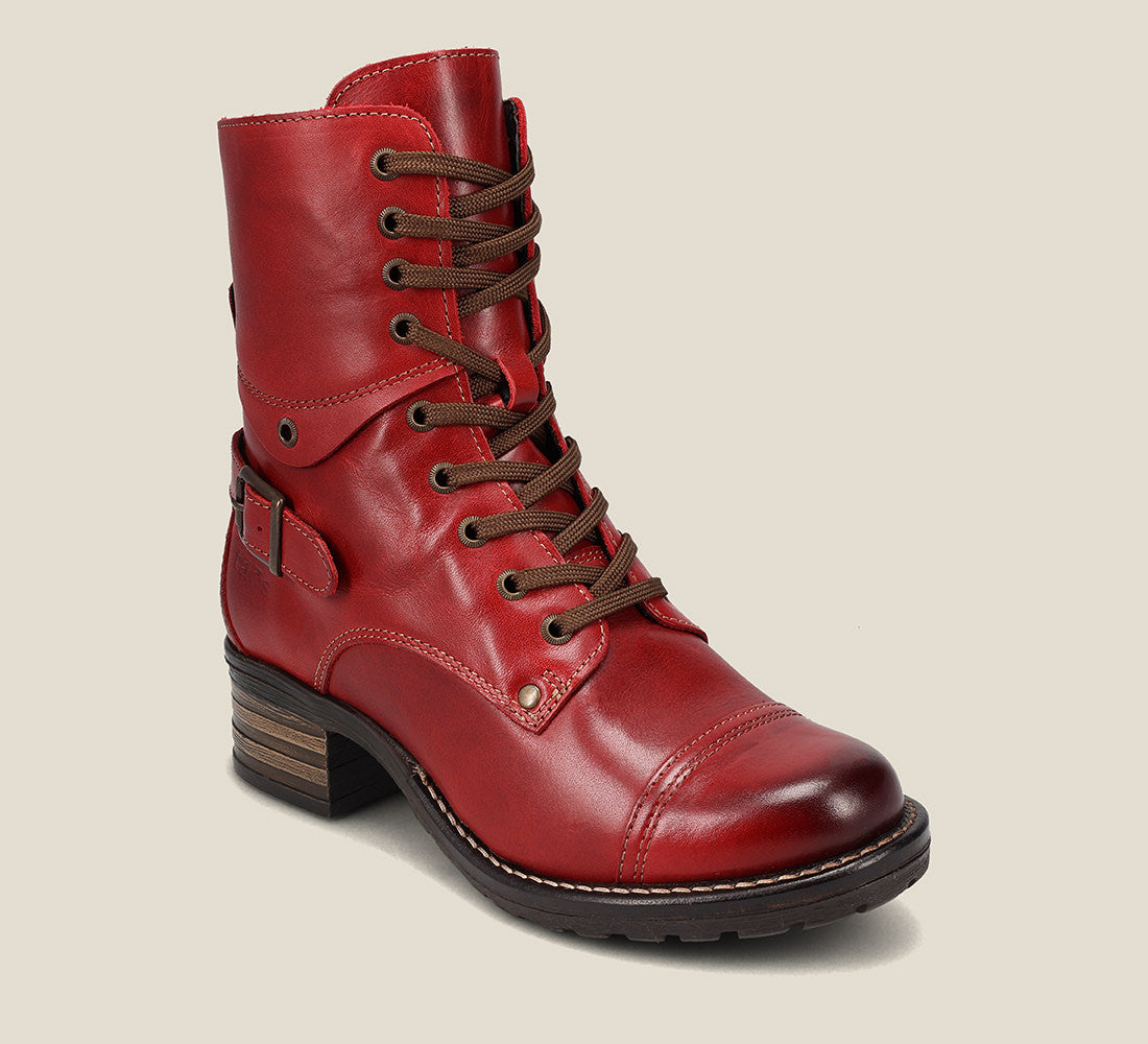Hero image of Crave Red Leather &  boot with buckle & an inside zipper lace-up adjustability.