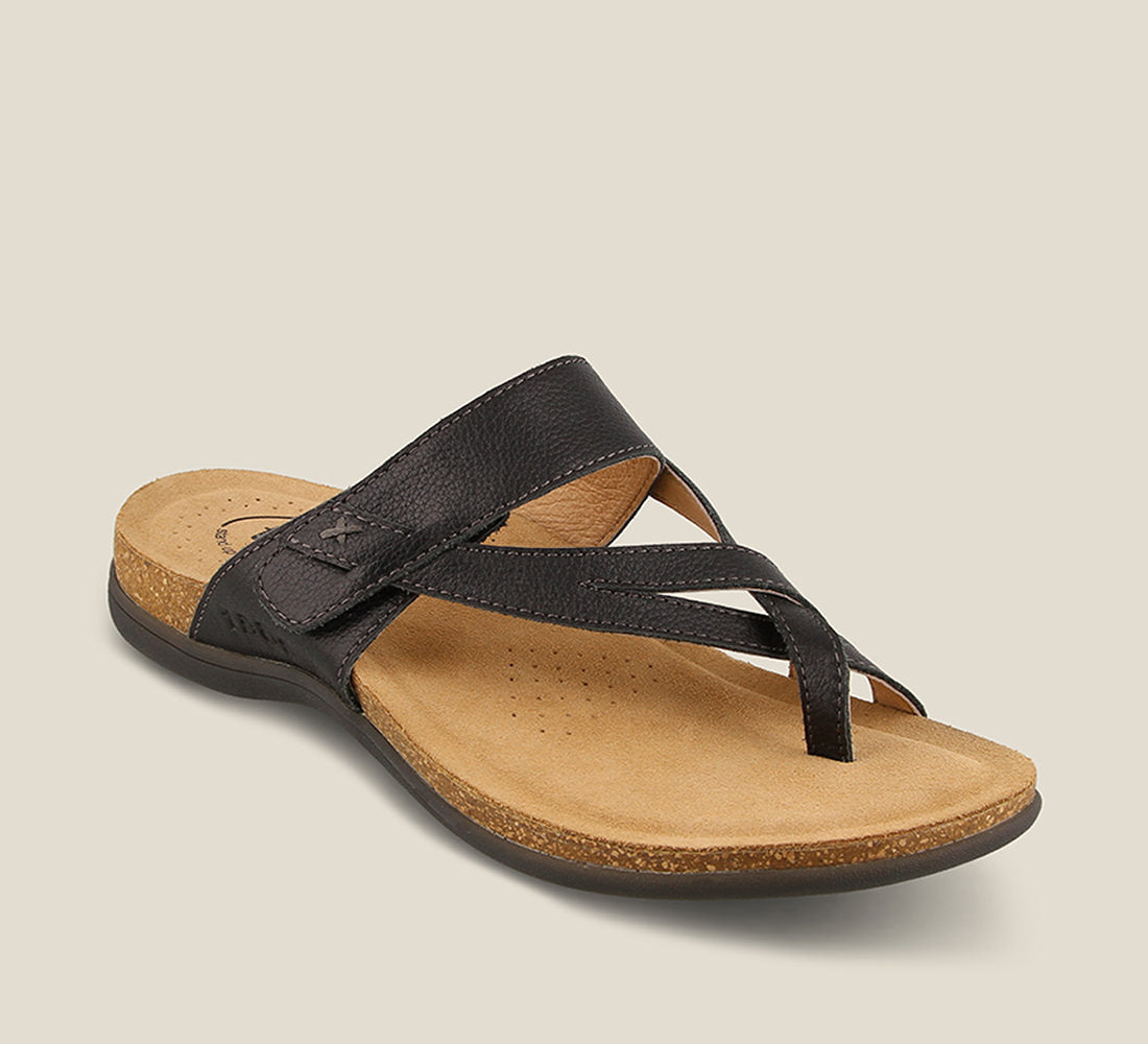 3/4 Angle of Perfect Black Slide sandal on our cork footbed featuring an adjustable strap and rubber outsole. - size 6