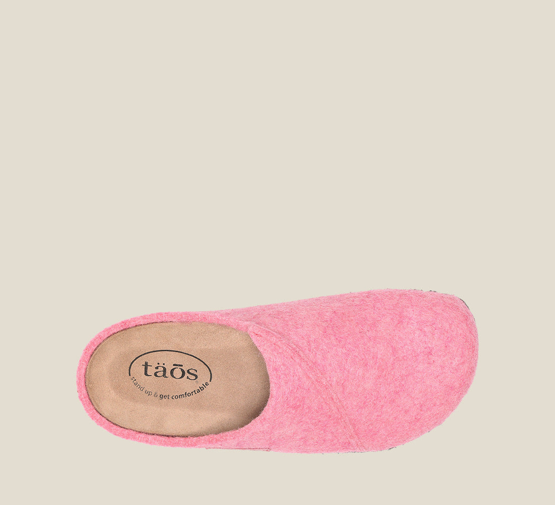 "Top image of Wooled Class Pink clog with featuring a removable footbed with arch & metatarsal support, & TR outsole."