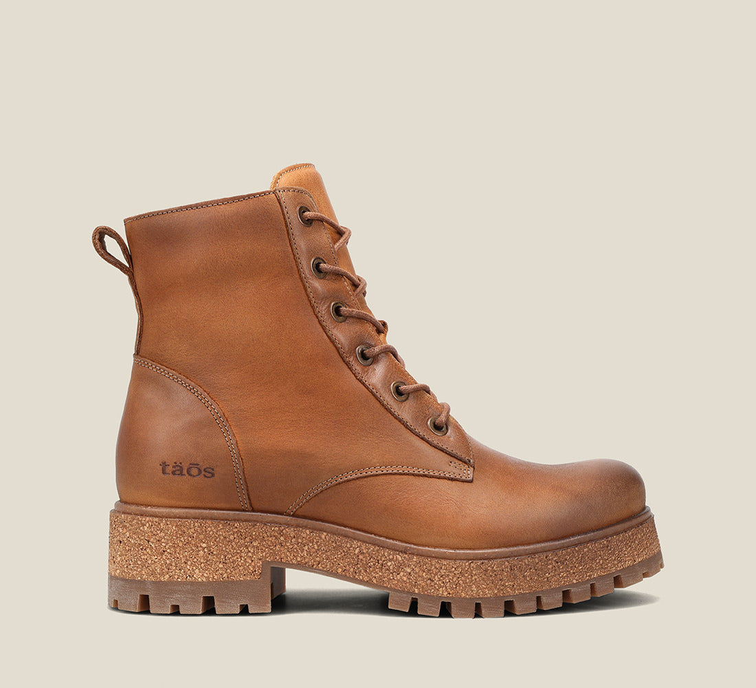 Side image of MainStreet Tan Leather boots with laces and rubber outsole